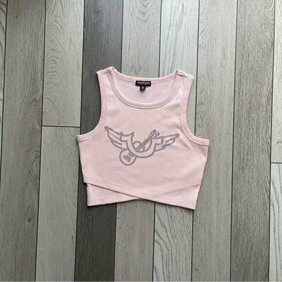 True Religion Pink Ribbed Crop Top with Embellished Design - Picture 1 of 4